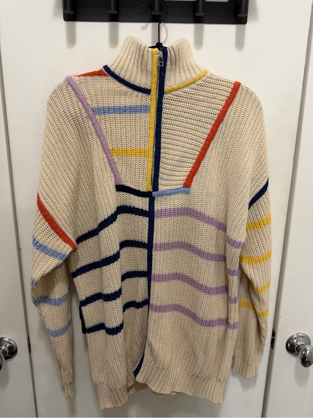 STAUD Cream Zip-Front Sweater with Multicolor Stripes